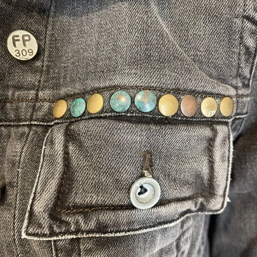 Vintage Free People Heart Studded Charcoal/Black Denim Jacket - Picture 9 of 11
